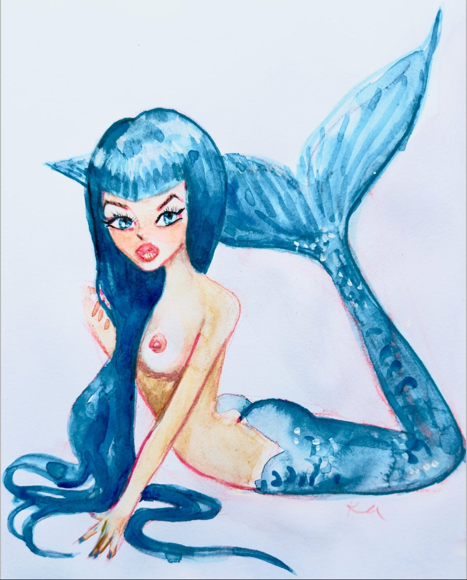 Illustration of a mermaid with blue hair and tail on a light blue background
