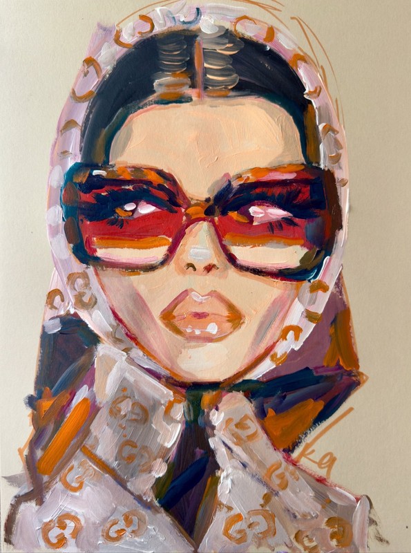 Artistic portrait of a person wearing sunglasses and a patterned headscarf on a beige background